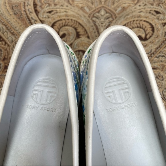 Tory Burch Sport Pocket Tee Golf Loafers Ace Blue Garden Floral Leather Size 7 - Picture 10 of 12